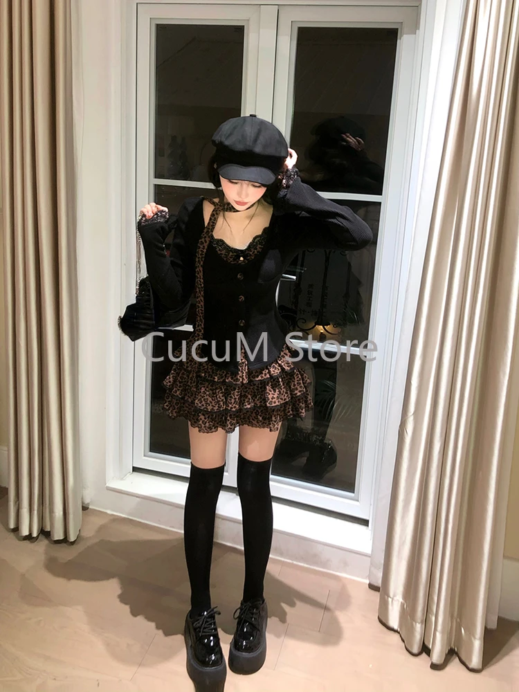 アメリカンレトロヒョウ 2 点セット甘いホットガールスリムトップス + Y2k グランジファッションミニスカートヴィンテージストリートスーツシック