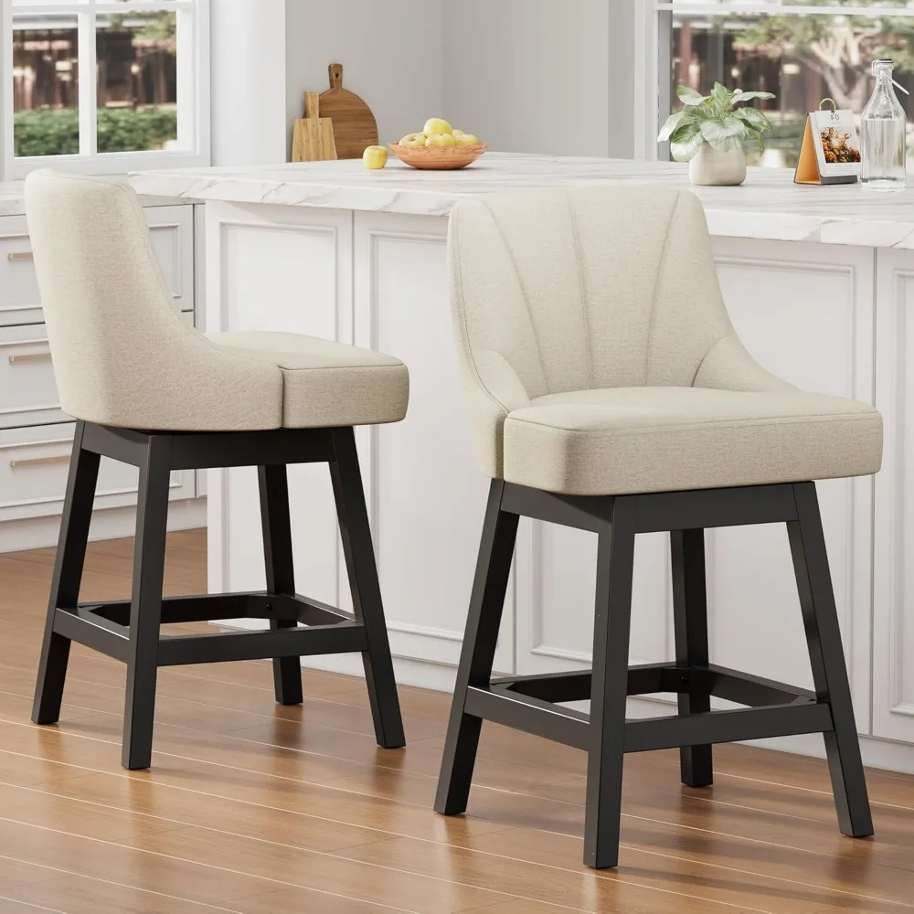 Swivel Bar Stools with Backs, 26" Counter Height Bar Stools Set of 2, Linen Fabric Extra Upholstered Counter Barstools with Squa