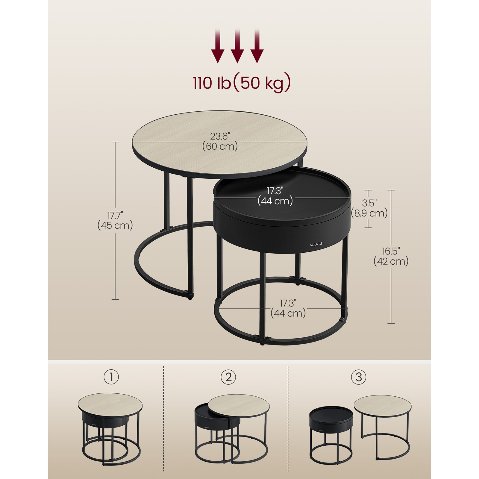 VASAGLE Coffee Tables, Set of 2 Round Side Tables, Nesting Tables, Modern Style, Hidden Storage and Top Tray