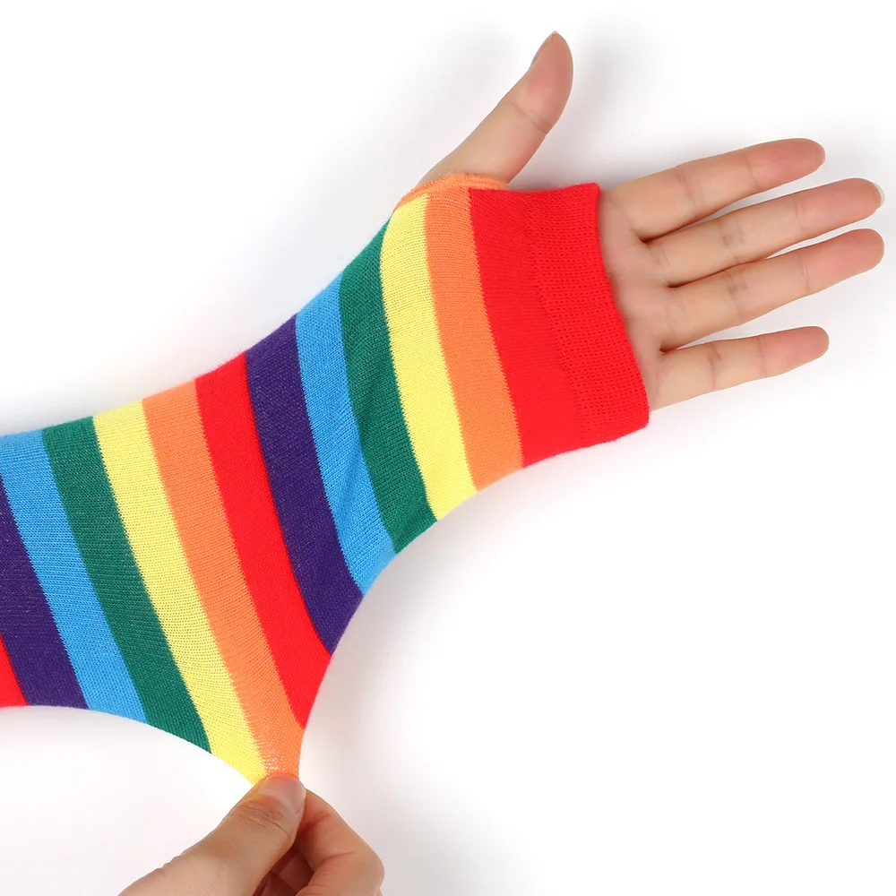 Regenbogen Langarm Frau Winter Armstulpen Stricken Manschetten Handschuhe Bunte Gestreifte Ärmel Urlaub Party Arm Abdeckung Cosplay Handschuhe