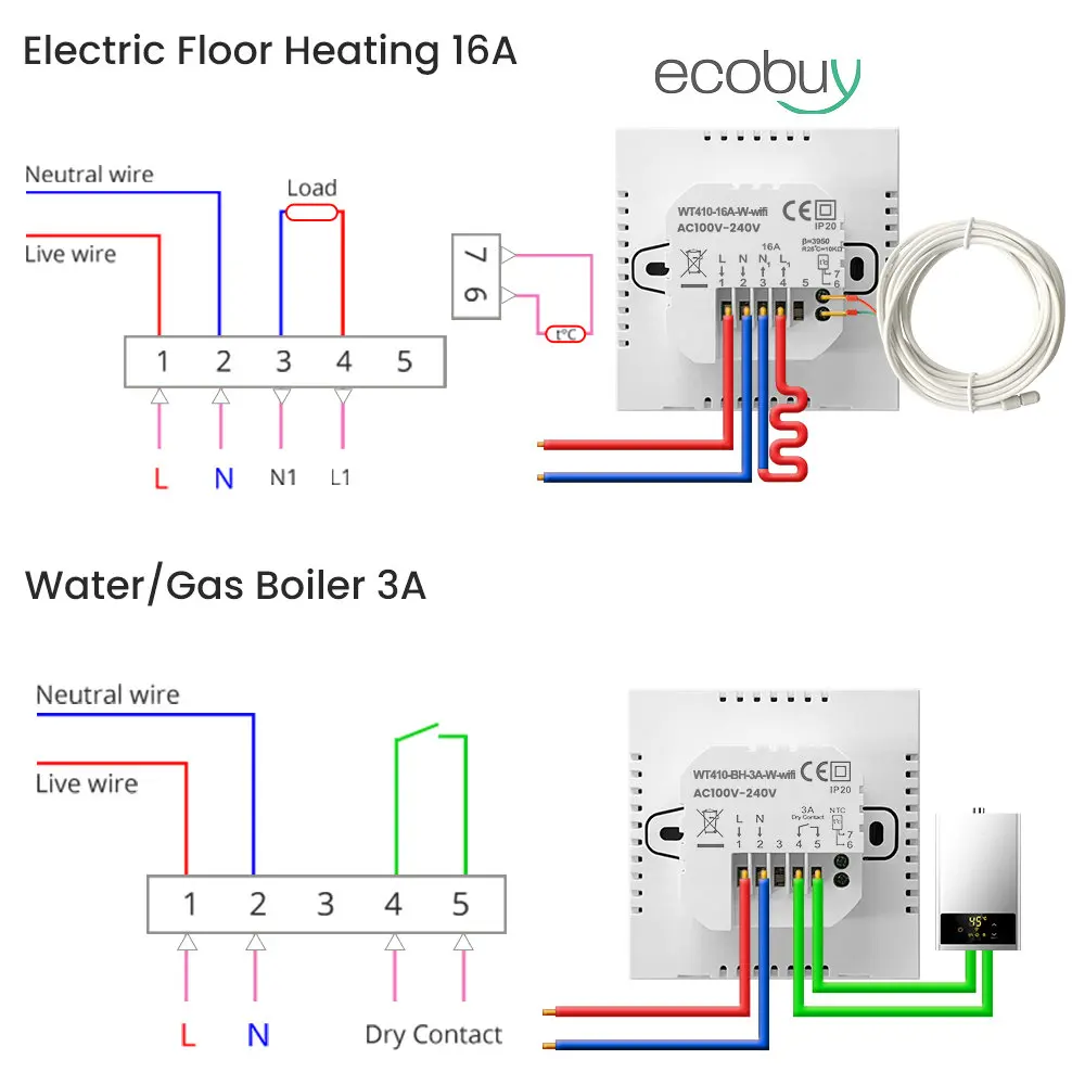 Tuya เครื่องควบคุมอุณหภูมิ WiFi อัจฉริยะ, เครื่องทำน้ำร้อน220V ให้ความร้อนตั้งพื้นเครื่องควบคุมอุณหภูมิน้ำไฟฟ้า Google Home Alexa ALICE