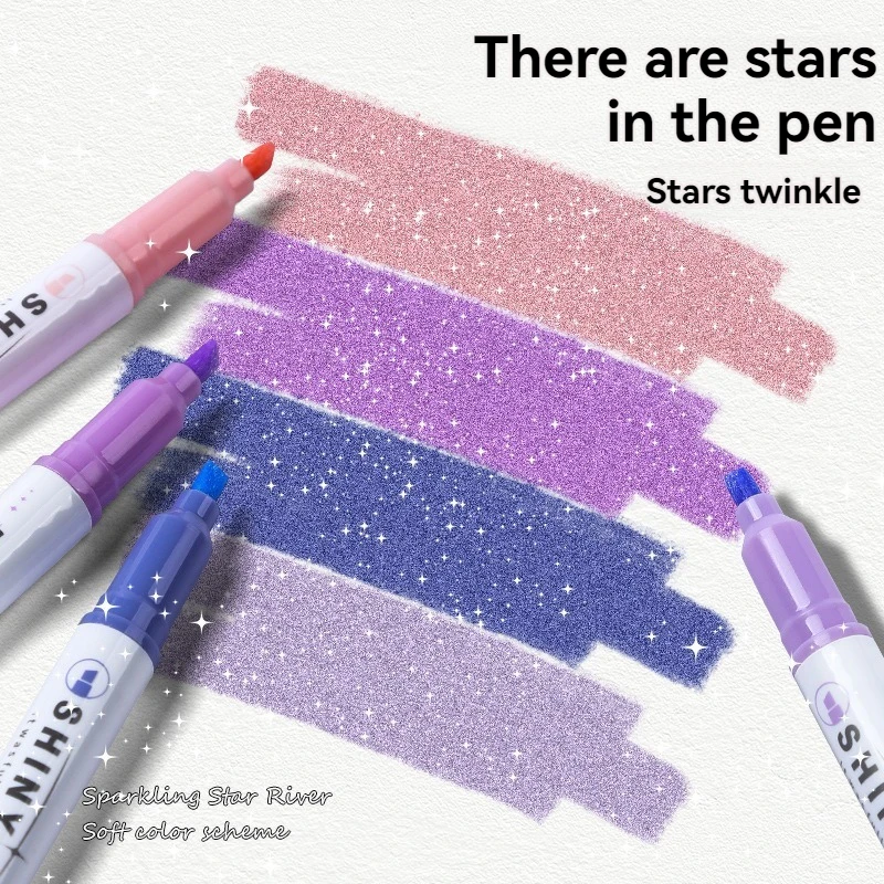 4pcs Glitter สีเงาชุดปากกา Bling ประกาย Highlighter MARKER 4 มม.แปรงสําหรับวาดภาพวาด Art School METALLIC Glitter
