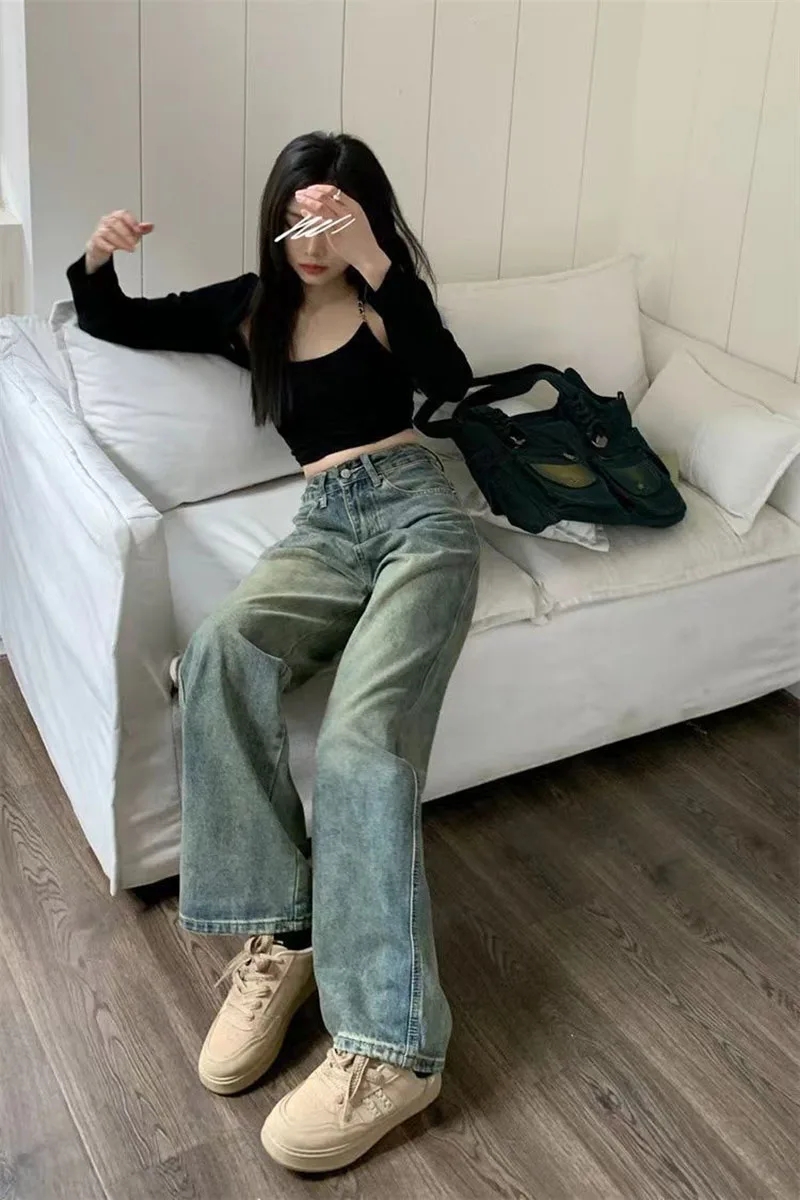 Y2K pantalones vaqueros holgados informales de pierna ancha para mujer, ropa de calle, pantalones vaqueros lavados que combinan con todo, Pantalones rectos de cintura alta Vintage de los años 90