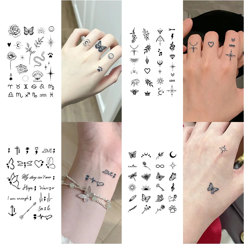 Autocollants de tatouage temporaire imperméables à petits motifs, imperméables longue durée pour une à deux semaines, tatouages au doigt pour femmes.