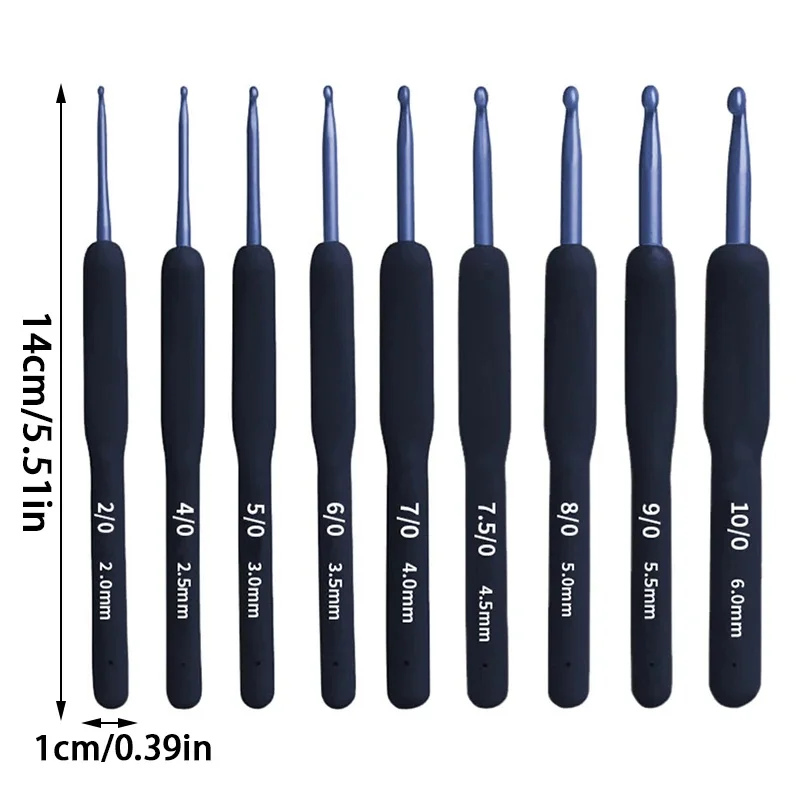 9 ชิ้น Blue Soft Handle ชุดถักโครเชต์ DIY เสื้อกันหนาวถักโครเชต์พร้อมชุดเครื่องมือซิลิโคนลื่นโครเชต์เย็บเครื่องมือ
