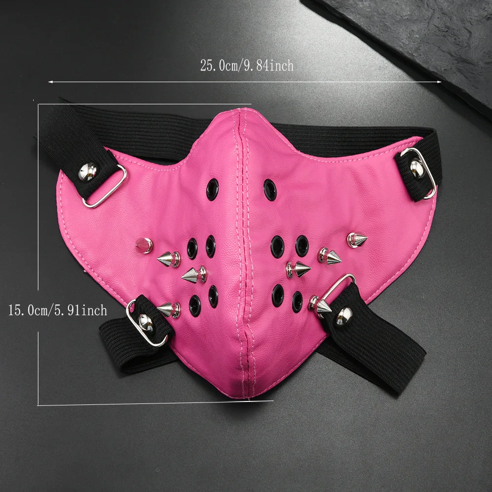 ผู้ชายผู้หญิงสีชมพู PU หนัง Rivet Rock Mask Lady's Breathable Party คอสเพลย์ฮาโลวีนปาก-muffle R1546