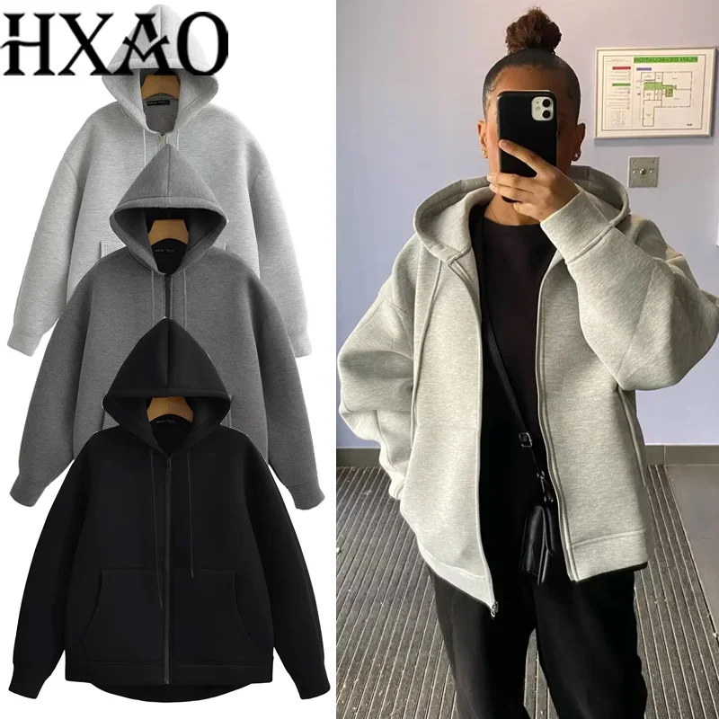Hxao casaco feminino com capuz, manga longa, demi-temporada, jaqueta casual com zíper, cinza e preto
