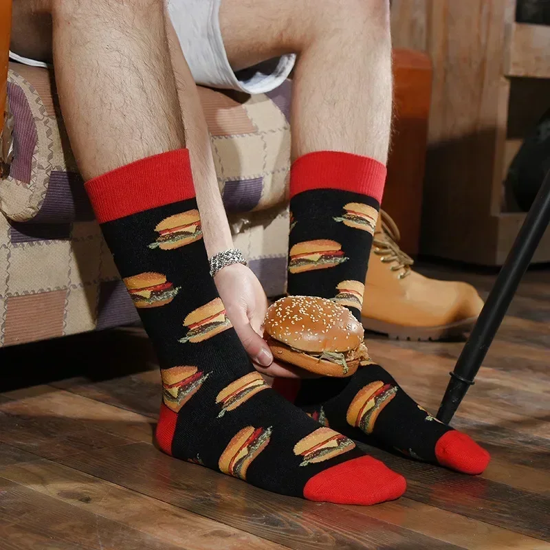 Calcetines de algodón de la serie para hombre, divertidos calcetines diarios con dibujos animados felices, cohete, hamburguesa, comida, calcetines largos para monopatín para hombre, EU 37-42