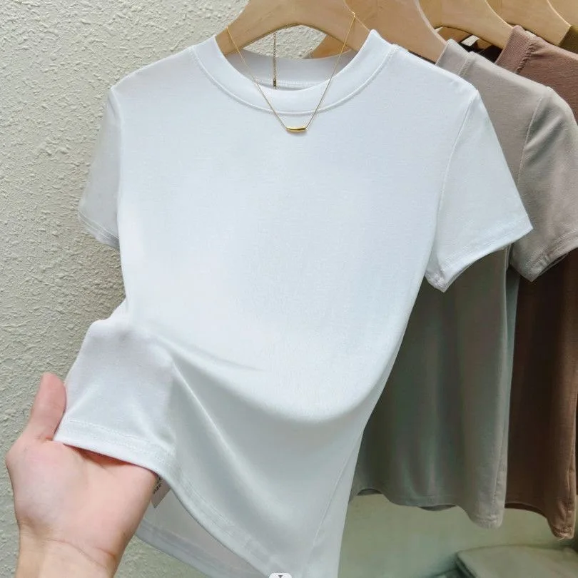 クルーネックファッション女性 Tシャツストリートカジュアル Tシャツ固体プラスサイズトップ Tシャツセクシーなスリム夏半袖婦人服