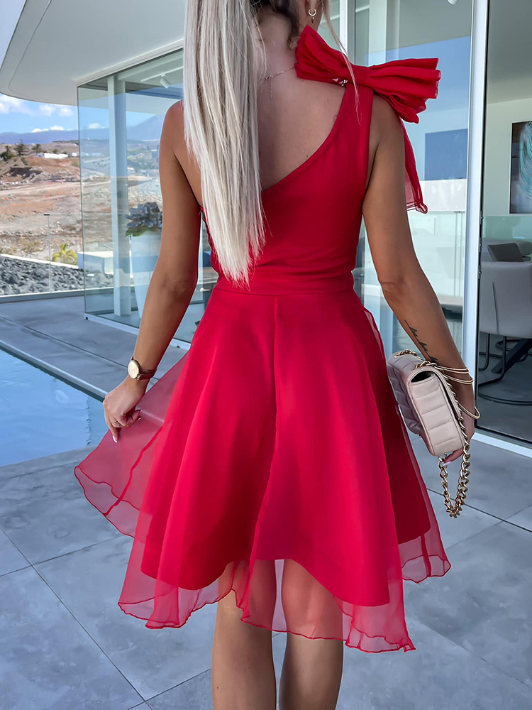 Sexy Vrouwen Een Schouder Mouwloze Mini Jurk Elegante Backless Rits Effen Feestjurk Zomer Dames Mesh Patchwork Zoete Jurk