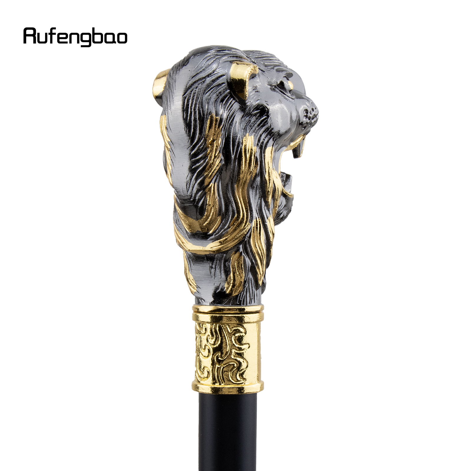 Goldener schwarzer Löwenkopf mit Schnurrbart-Gehstock mit versteckter Platte Selbstverteidigung Mode Rohr platte Cosplay Crosier Stick 93cm