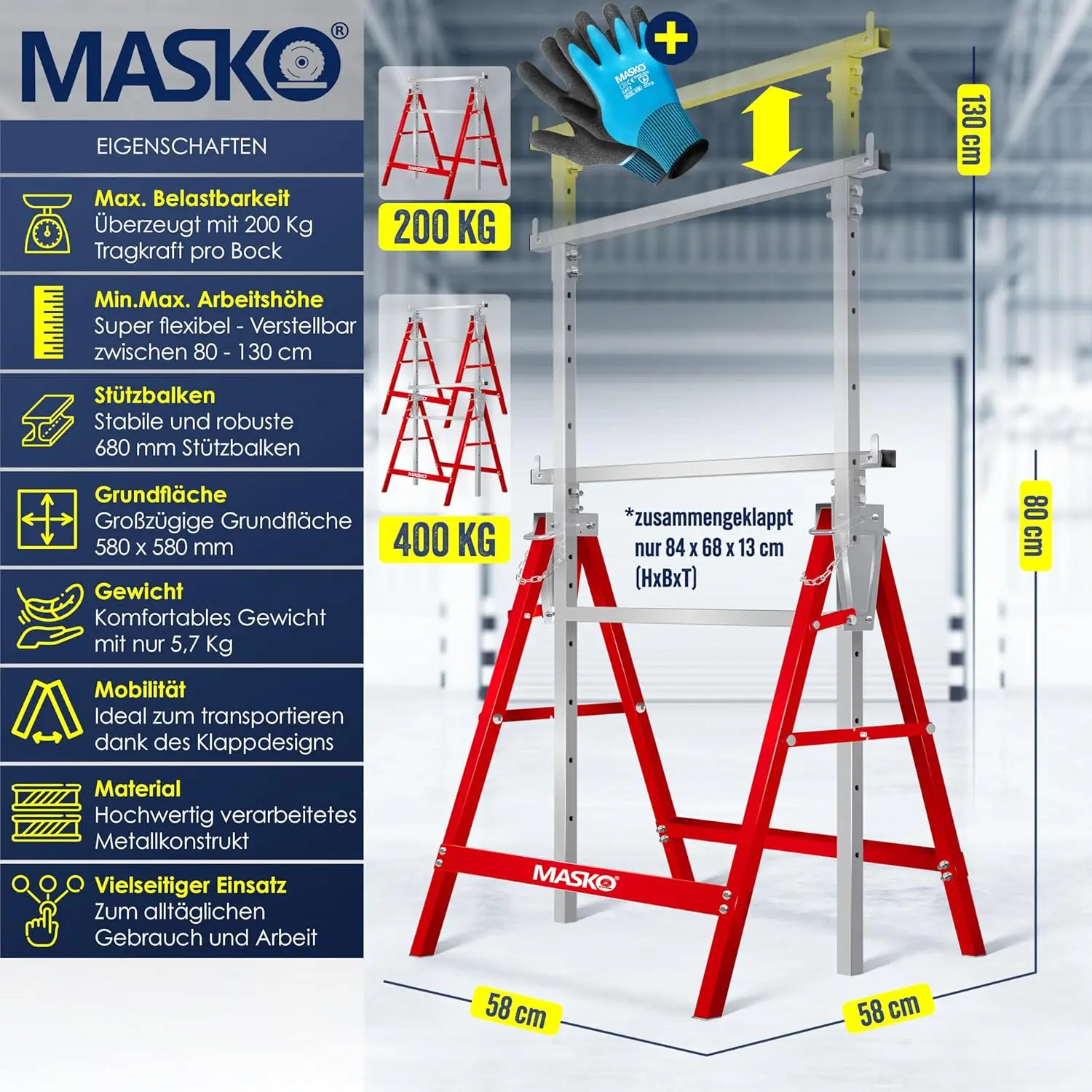 Teleskop arbeits ständer Grundrahmen 2er-Set | Klapp ständer max. Last 800 kg | höhen verstellbar 1300-mm | Gerüst bock