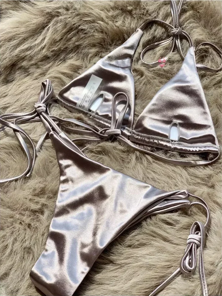 Halter Brasilianische Metallic Satin Bikini Frauen Bademode Weiblichen Badeanzug Zwei-stück Bikini Set High Cut Badeanzug Schwimmen Bademode