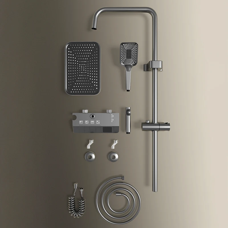 Juego completo de ducha de baño, Sistema de ducha de bañera negro, blanco y gris, juegos de ducha LED digitales presurizados con lluvia, grifo de ducha frío y caliente Top 1 juego de ducha de cobre de 4 vías