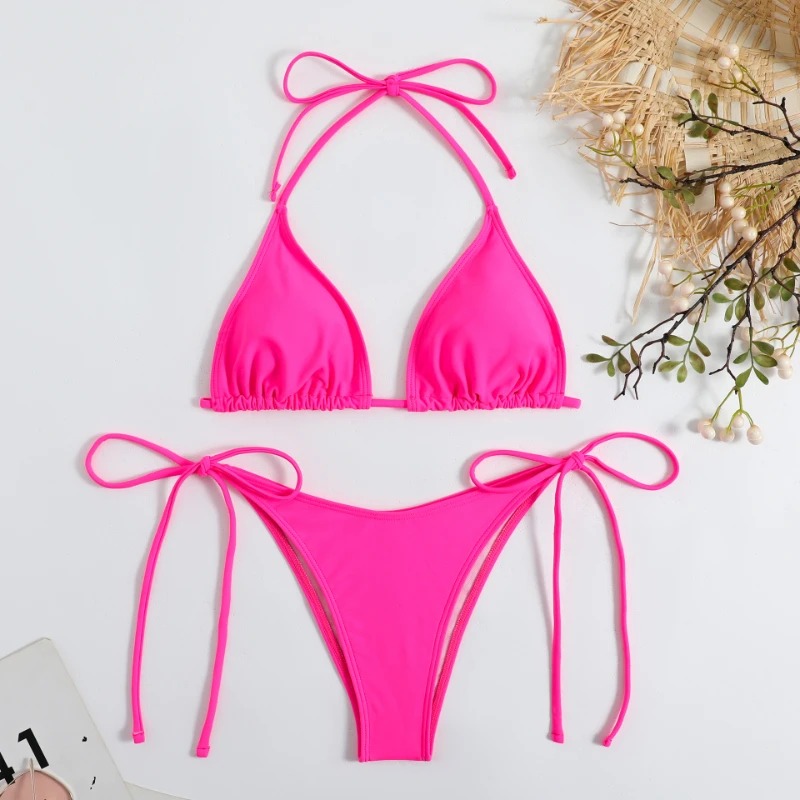 Sexy Vrouwen String Effen Kleur Bikini Set Kant Halter Tie Badpak Dames Split Strap Verstelbare Braziliaanse Badmode Beachwear