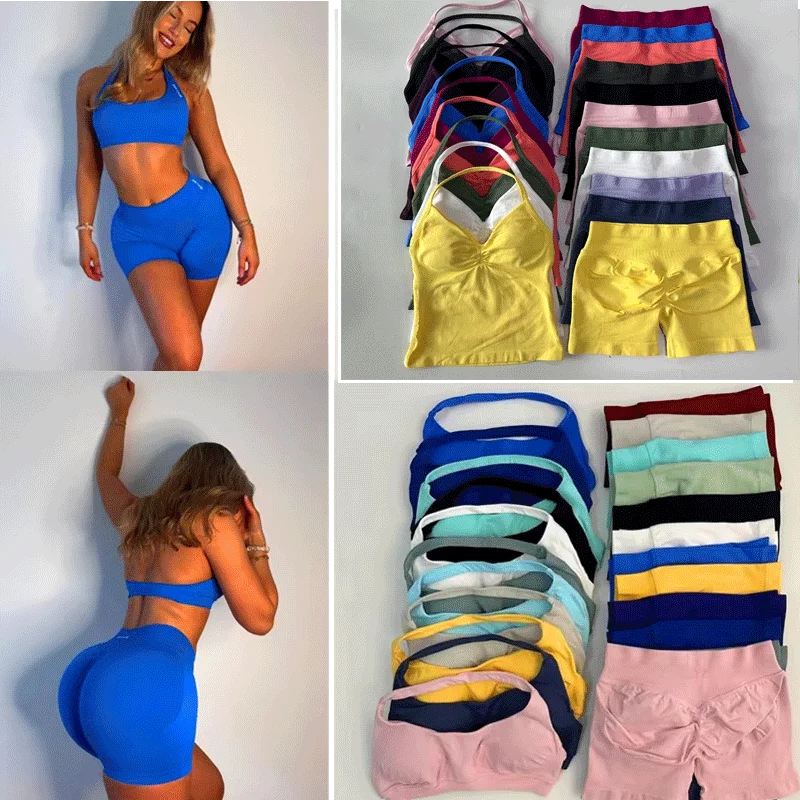 2 pçs impacts conjunto de ginásio tanque yoga cintura scrunch shorts sem costura terno ginásio roupas fitness activewear treino