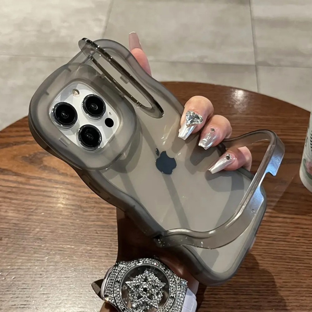 2IN1 Folding Stand Wave Clear Phone Case For iPhone 16 15 11 12 13 14 Pro Max X XR Fashion 3D Curly Shockproof Protective Cover