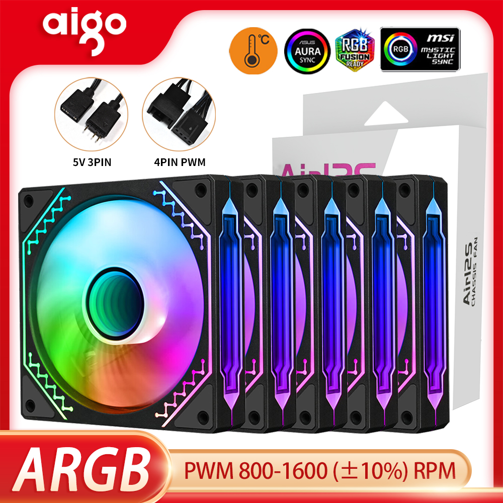 Aigo air12s pc caso ventilador 12cm 4pin 5v 3pin argb espelho cíclico efeito de luz pwm cpu 120mm ventilador de refrigeração espaço infinito ventilador