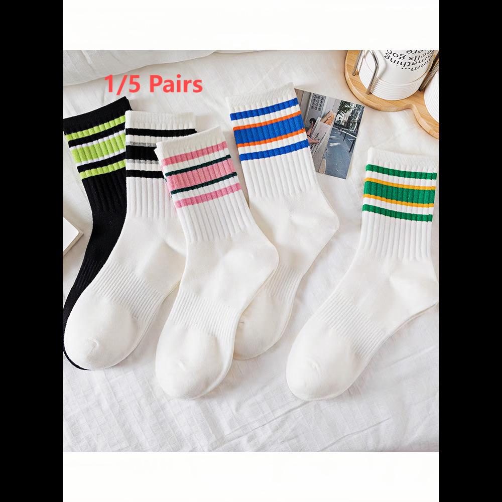 1/5 Paar weiße Socken für Herren und Damen, mittellange Socken, koreanische Versionssocken, gestreifte lässige Sportsocken für Herbst und Winter