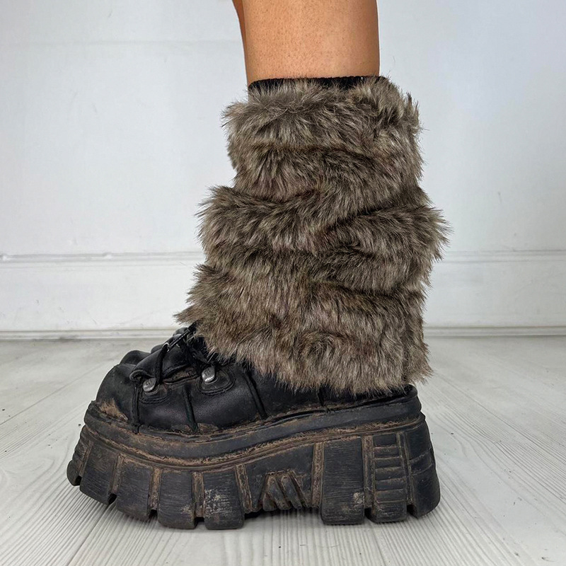Vintage Faux Fur ขาอุ่น Furry รองเท้าฝาครอบถุงเท้าฤดูหนาวหนาถุงเท้า Plush สาวร้อน Jk Punk Hiphop คอสเพลย์อุปกรณ์เสริม
