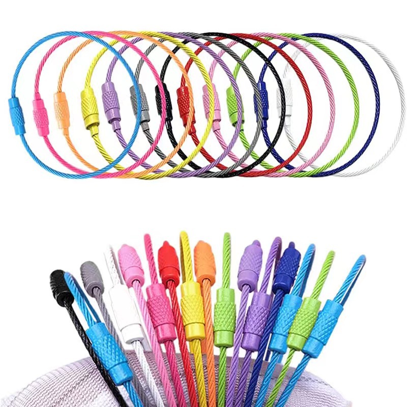 10pcs 다채로운 스테인레스 스틸 와이어 키 체인 케이블 루프 나사 잠금 로프 키 홀더 열쇠 고리 열쇠 고리 반지 야외 도구