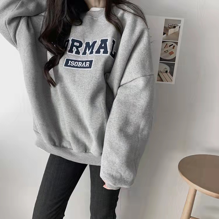Oversize Grey round Neck Fleece Lined Loose Women's Sweatshirt Small Size Trendy Ins Sle Comfortable Long Sleeve Top