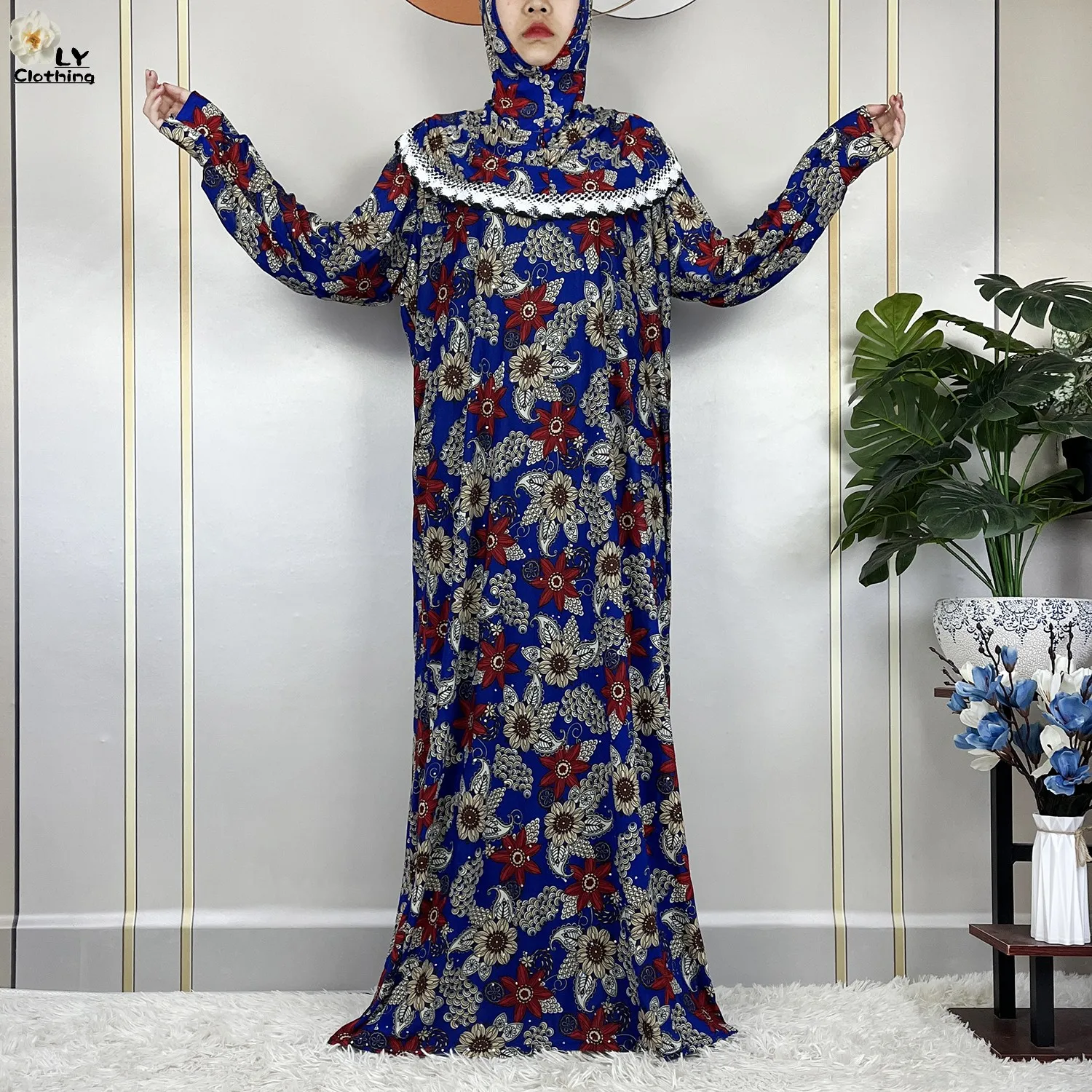 女性のためのイスラム教徒のラマダンの祈りのドレス,長袖の花のドレス,アフリカのアバヤ,女性のためのヘッドスカーフ,中東,ドバイ,トルコ,2023