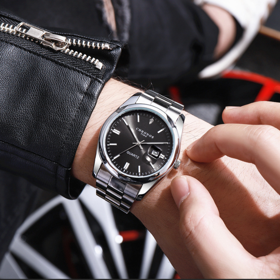 CHRONOS-reloj de pulsera de lujo para hombre, cronógrafo de cuarzo, de acero inoxidable, resistente al agua, con fecha luminosa