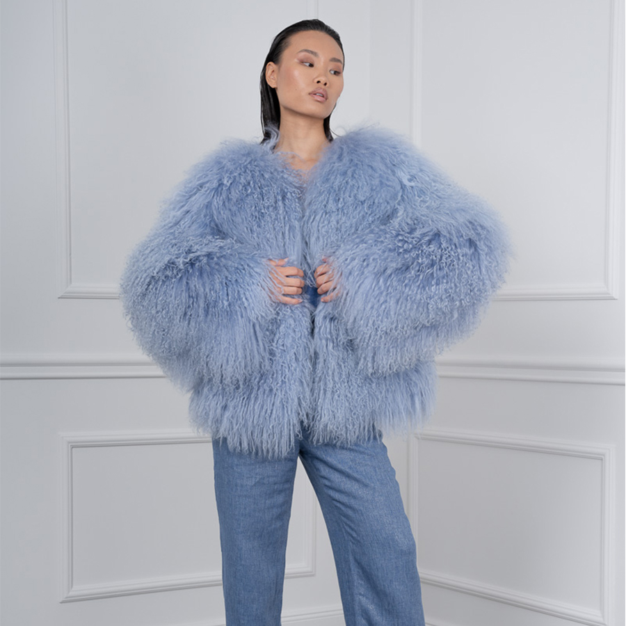 Casaco de pele de carneiro natural jaquetas femininas luz azul mongol cordeiro sem gola jaqueta curta roupas de inverno para mulheres tendência