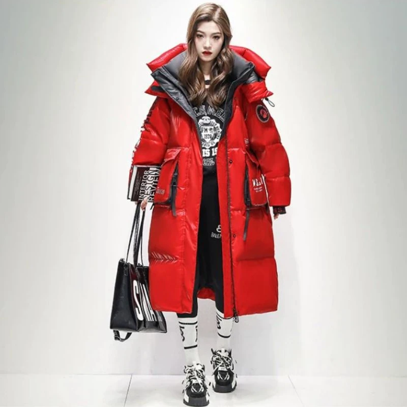 Women New Down Jacket Long Down Coat Big Pocket Windproof Hooded Sportswear Over The Knee Puffer Jacket Parkas Oversized Coats
