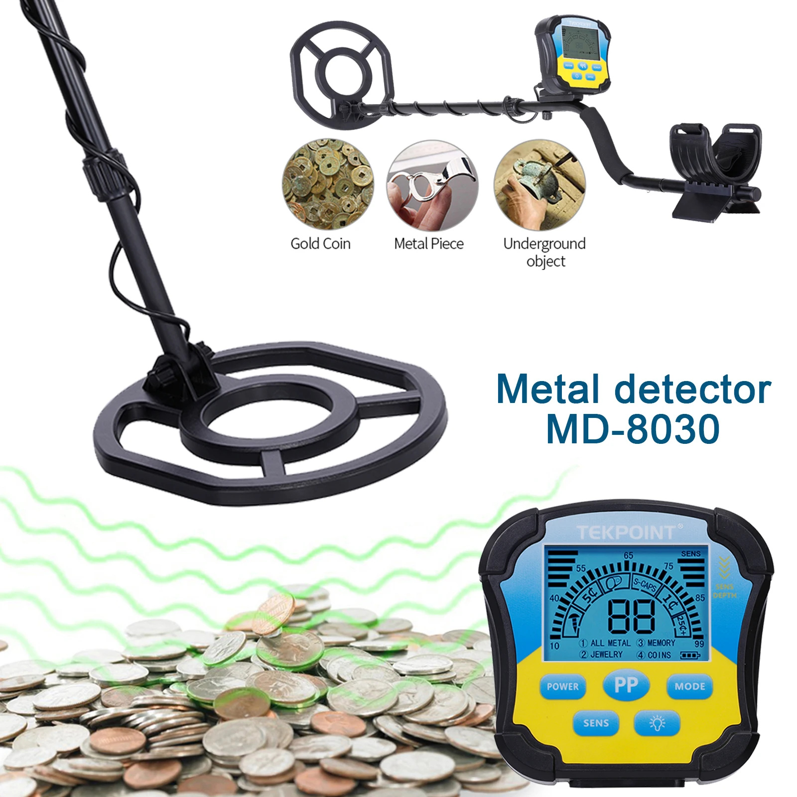 Alta Sensibilidade Detector de metais subterrâneos, Profundidade Gold Digger, Treasure Hunter, Waterproof Search Coil, 2.5m, MD8030