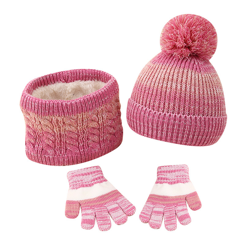 Amazon Children's Gradient Color Fleece-Lined Knitted Hat Scarf Gloves Three-Piece Set Winter Boys and Girls Warm Knit Hat