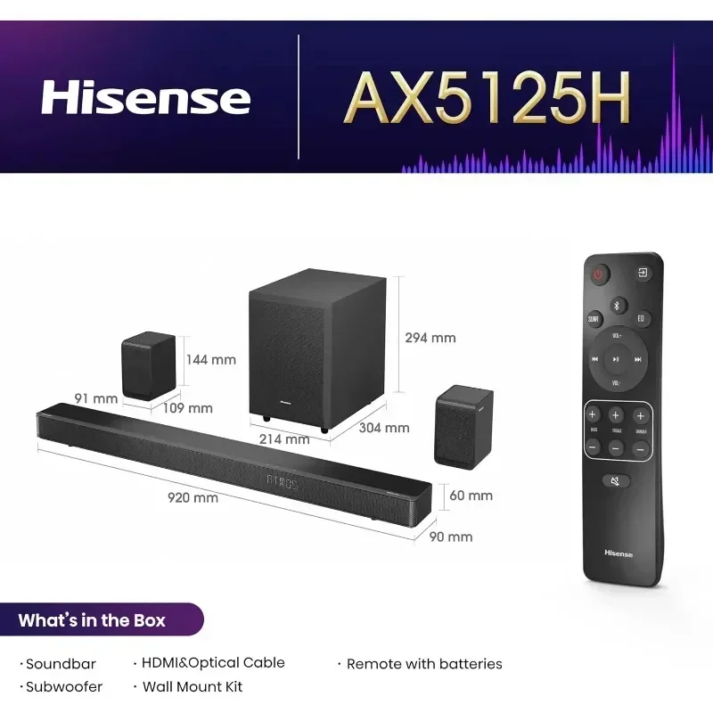 AX5125H 5.1.2Ch Sound Bar with Wireless Subwoofer, 500W, Dolby Atmos, Bluetooth 5.3, EzPlay, 4K HDMI Pass Through