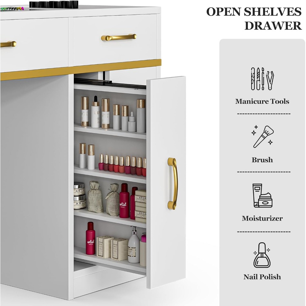 Manicure Table Nail Station for Nail Tech, Glass Top Nail Table Acetone Resistant W/Dust Collector, 7 Drawers & 3-Tier Shelves