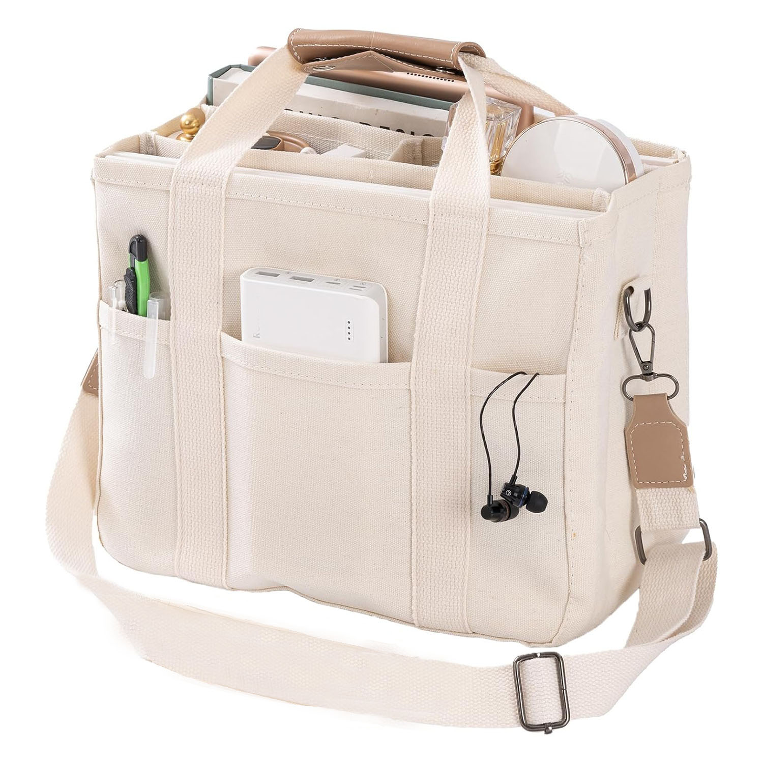 女性のカジュアルキャンバスハンドバッグマルチポケット大容量トートバッグ調節可能なショルダーストラップカジュアルショルダーショッパーバッグ女性