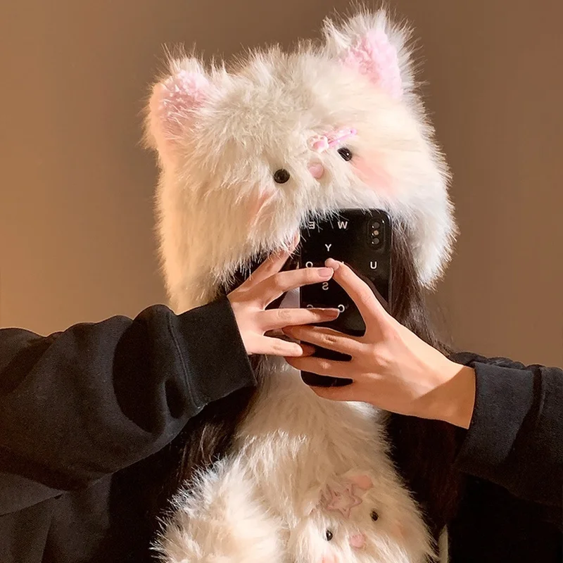 Nuovo simpatico cappello di peluche con gatto a forcina donna autunno inverno calore viso ispessito cappello pullover dimagrante scaldacollo versatile Natale