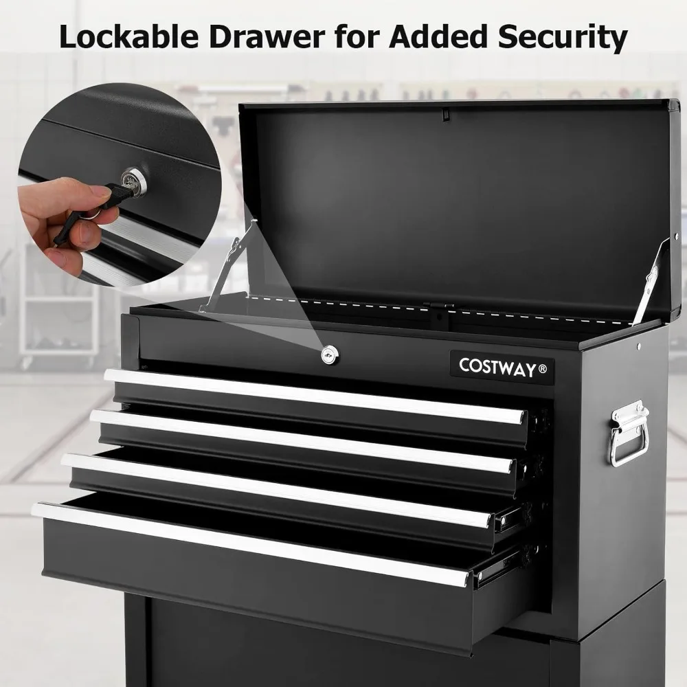 Large Rolling Tool Cabinet, 2-in-1 Detachable Metal Tool Chest Hooks & Pegboard, Lockable Tool Box Trolley, Workbenches