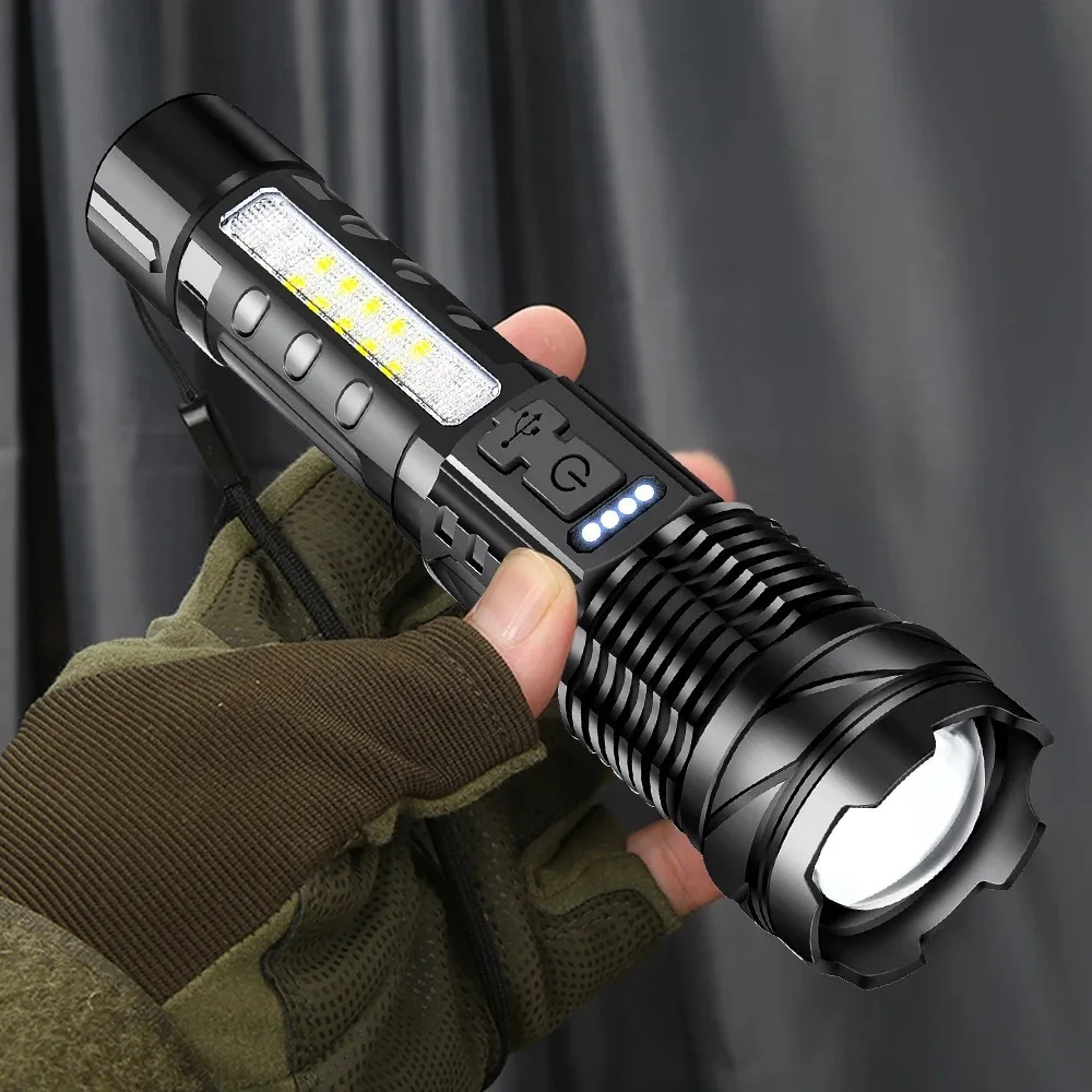 Linterna táctica con zoom XHP50 20000LM, recargable por USB, luz lateral COB, aleación de aluminio, resistente al agua, bisel de golpe
