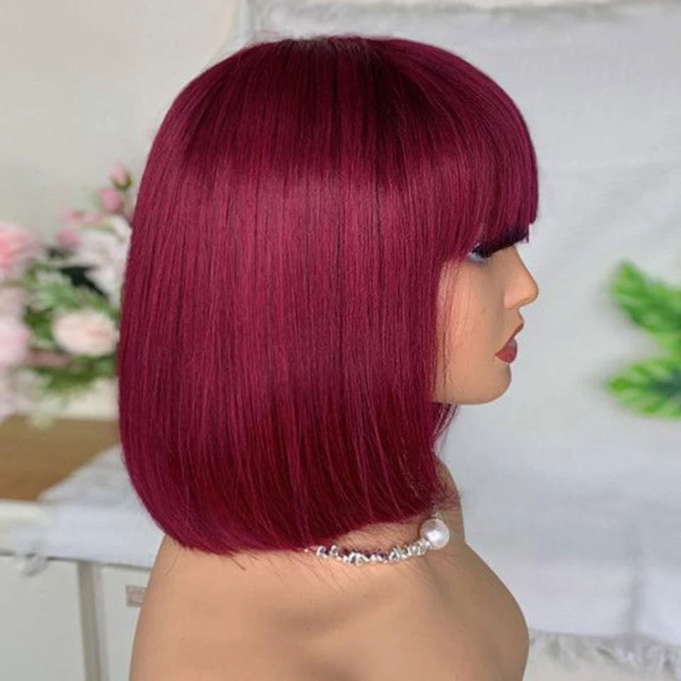 99J Màu Ngắn 180D Thẳng Brasil Tóc Bob Tóc Giả Với Nổ Remy Full Máy Làm Cho Nữ Hightlight Burgundy