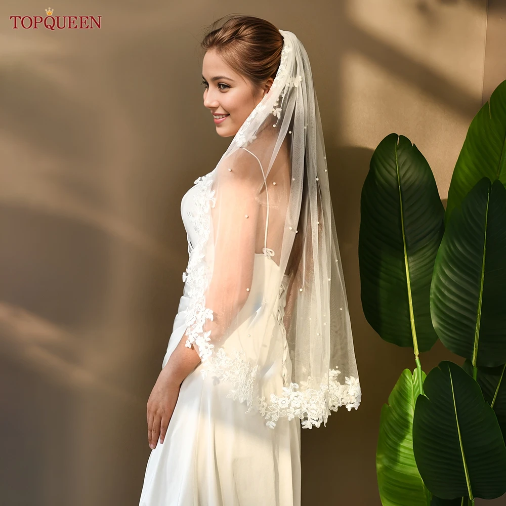 Topqueen kerudung pengantin pernikahan Voile Perle bunga putih gading renda tepi lebar 1.6m Aksesori pengantin pernikahan V82 dapat disesuaikan