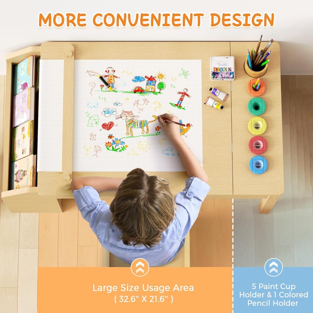 Children's 5-in-1 Art Table and Chair Set, Toddler Craft Desk, Play Table with Convertible Easel and Paper Roll Holder