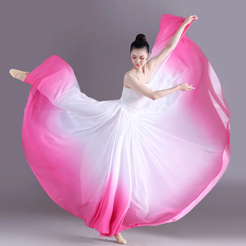 Mulheres Saias De Dança Clássica Prática Traje 720 Graus Gradiente Gaze Chiffon Desempenho Elegante Meio Vestido Estilo Chinês