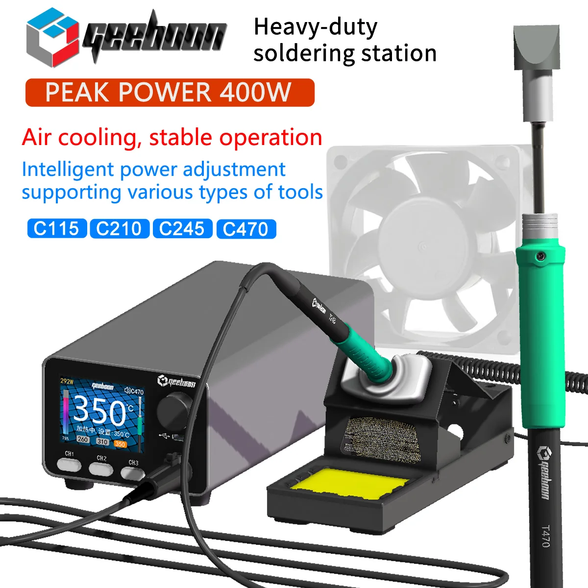 GEEBOON HC24 400W Heavy-duty soldering station compatible with 115/210/245/470/T12 soldering tip color curve display