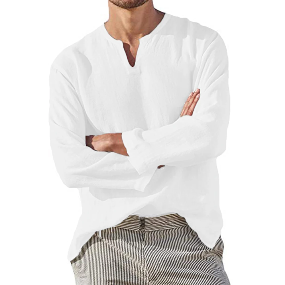 Camicia da uomo in cotone e lino Breve traspirante Comodo tinta unita Manica lunga Scollo a V Camicetta casual Camicia hawaiana Top oversize