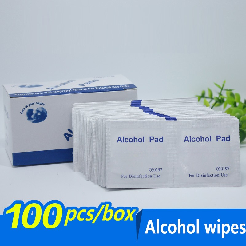 Álcool Pad Wet Wipe, anti-séptico, cuidados com a pele, jóias, telefone celular limpo, uso de desinfecção, 100pcs por pacote