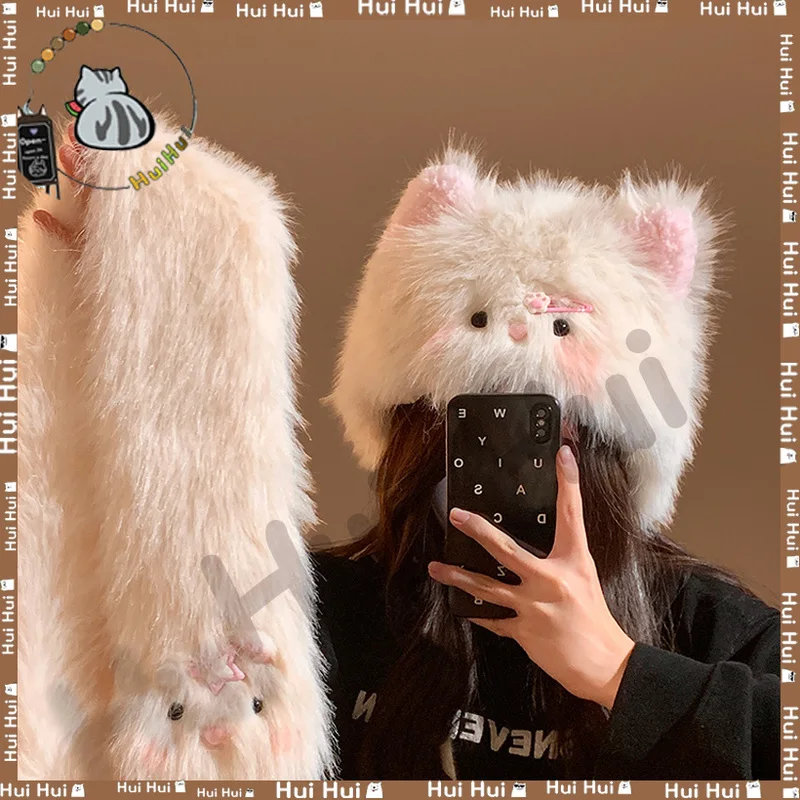 Nuovo simpatico cappello di peluche con gatto a forcina donna autunno inverno calore viso ispessito cappello pullover dimagrante scaldacollo versatile Natale