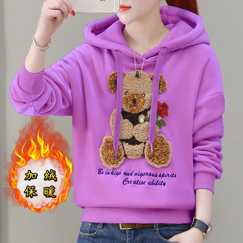 เสื้อสเวตเตอร์มีฮู้ดกำมะหยี่สีทองปักสองด้านสำหรับผู้หญิงเสื้อคลุมหลวม2024ฤดูใบไม้ร่วงฤดูหนาว