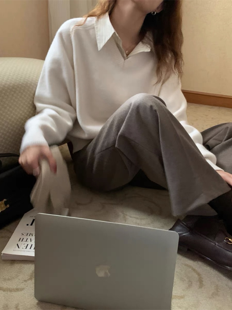 ヘビーウェイト V ネックランタンスリーブベーシック通勤セーターソフトハンドフィール長袖ラウンドネックニットウェア若い女性のための