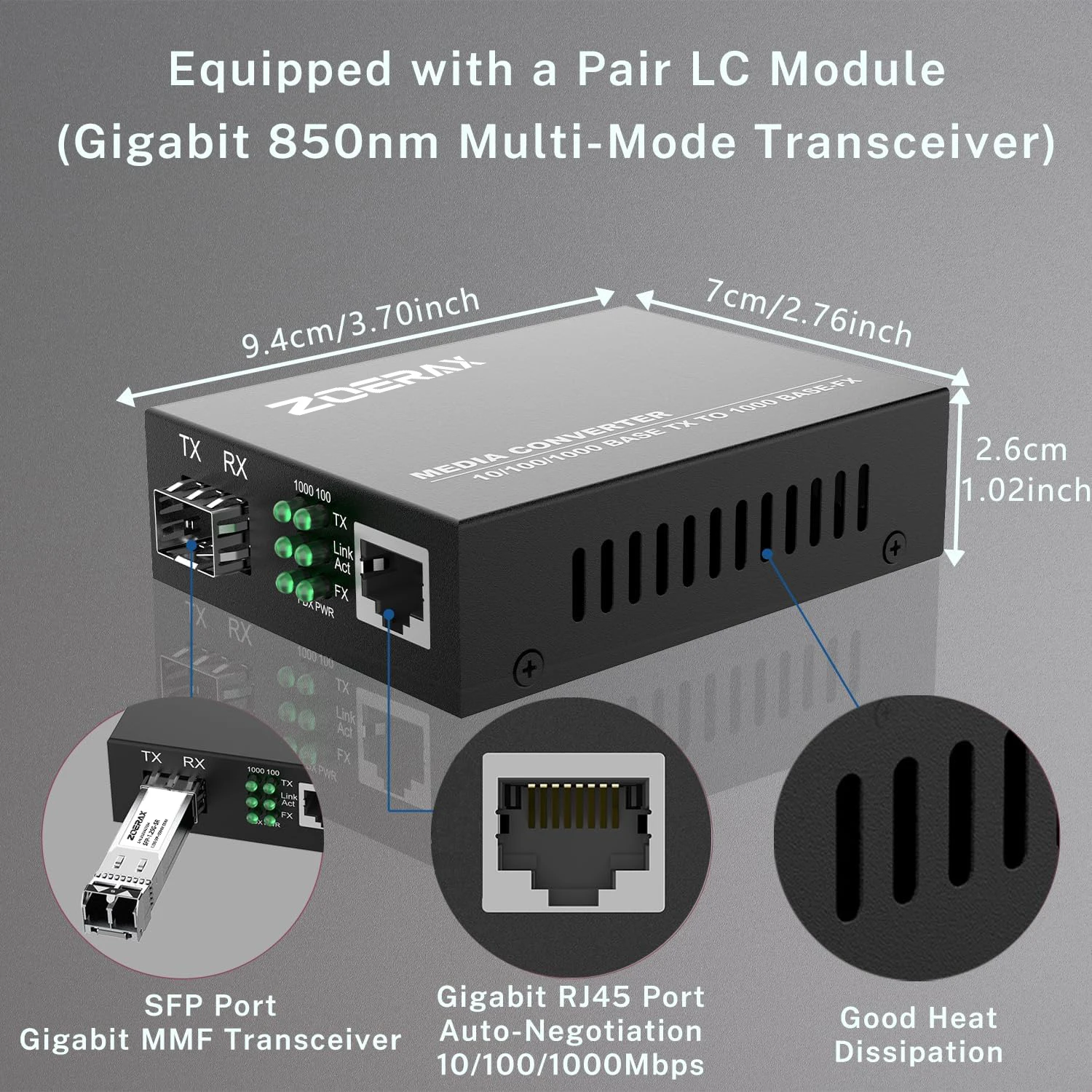 ZoeRax Gigabit SFP LC Modulo multimodale da fibra a RJ45 Ethernet Convertitore multimediale Ricetrasmettitore in fibra ottica con modulo LC SFP 1.25G