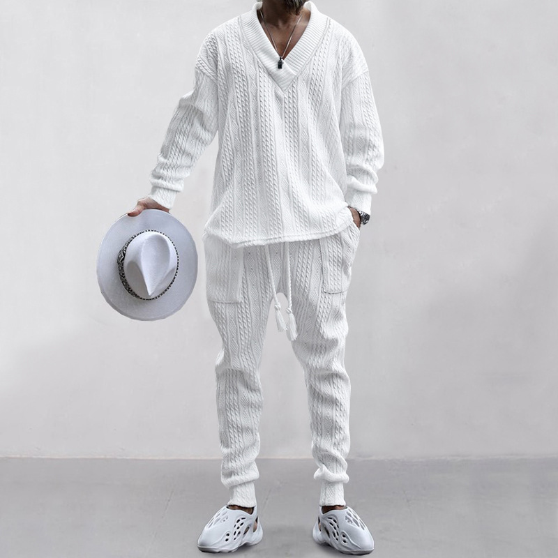Conjunto de playa para hombre, pantalones informales hawaianos de secado rápido con cuello en V, traje de punto Jacquard a juego para hombre, Top de manga larga de Color sólido + Pantalones